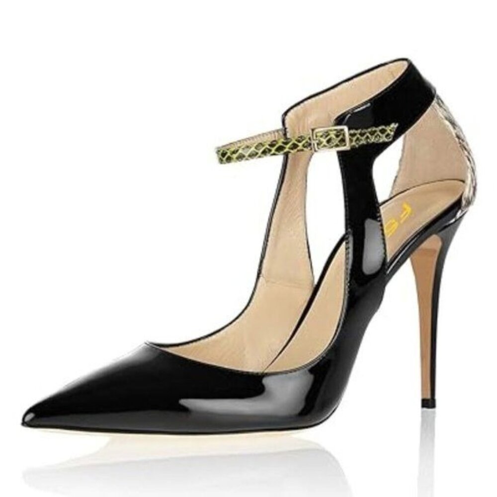 FSJ Women Pointy Toe Ankle Strap Pump High Heel Slip On Cutout Snake Print Daily